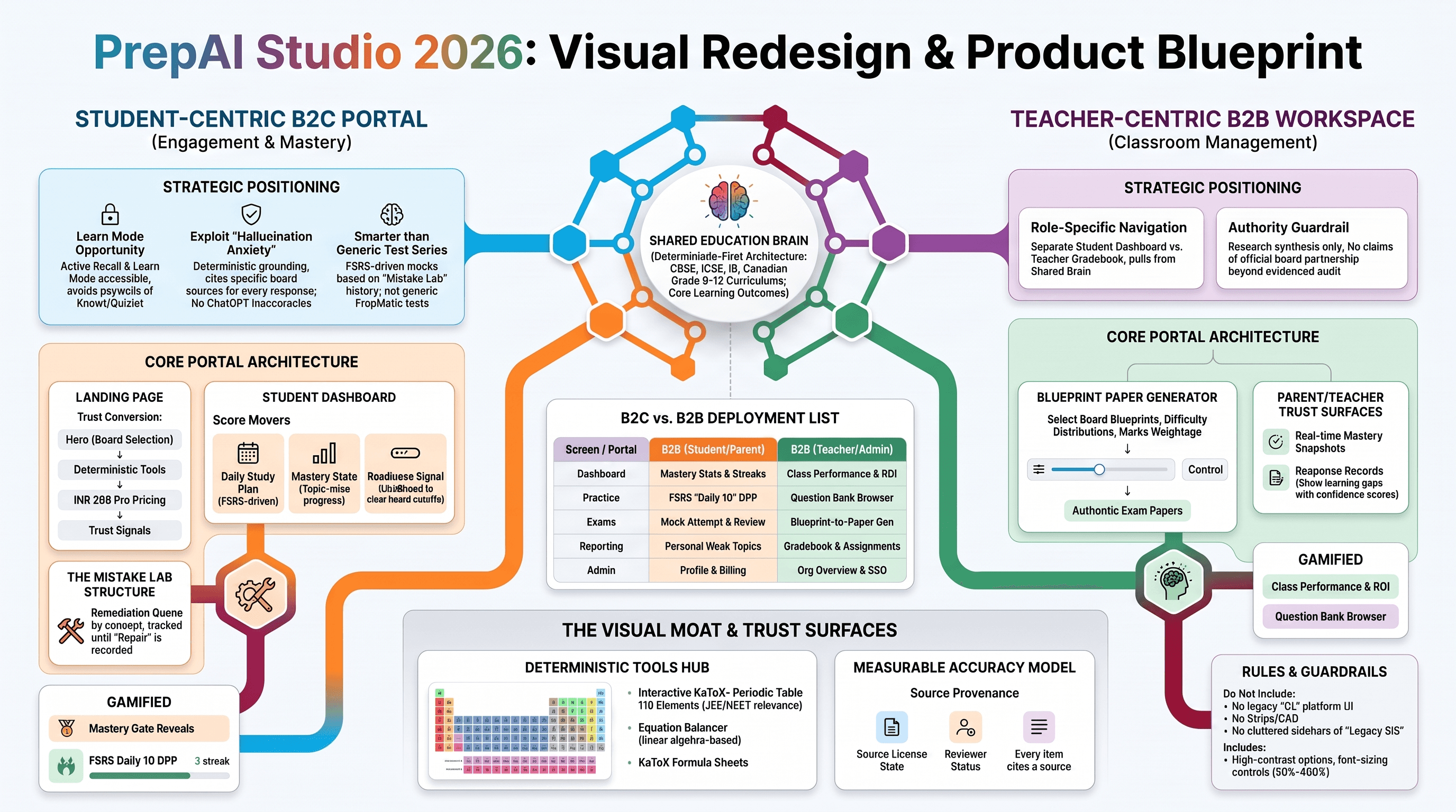 PrepAI Studio visual redesign and product blueprint across student, teacher, parent, content, tools, and trust surfaces